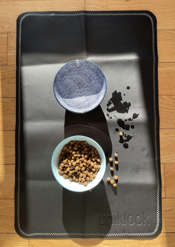 Vegan Leather Pet Food Mat — 30"x16" | Black & Cream