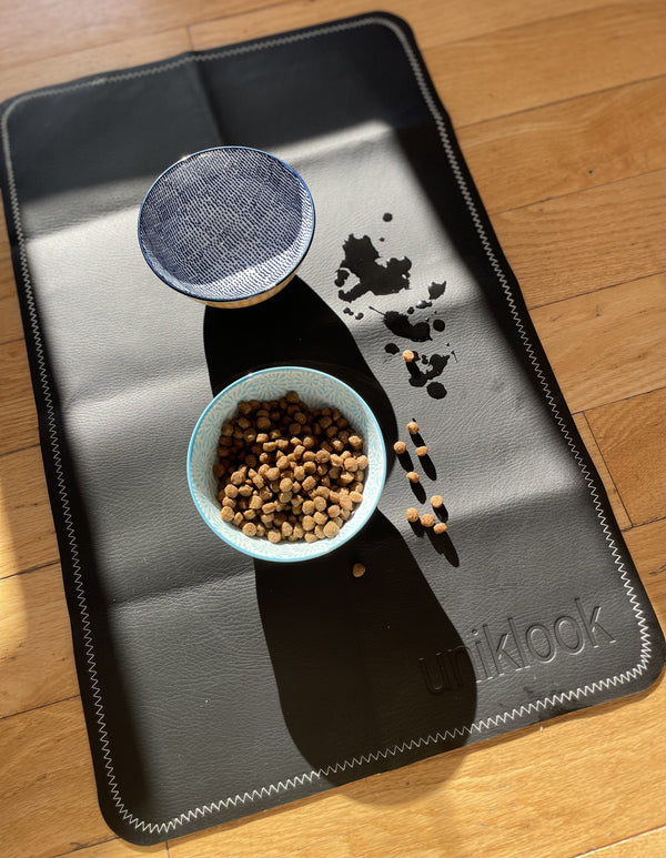 Vegan Leather Pet Food Mat — 30"x16" | Black & Cream