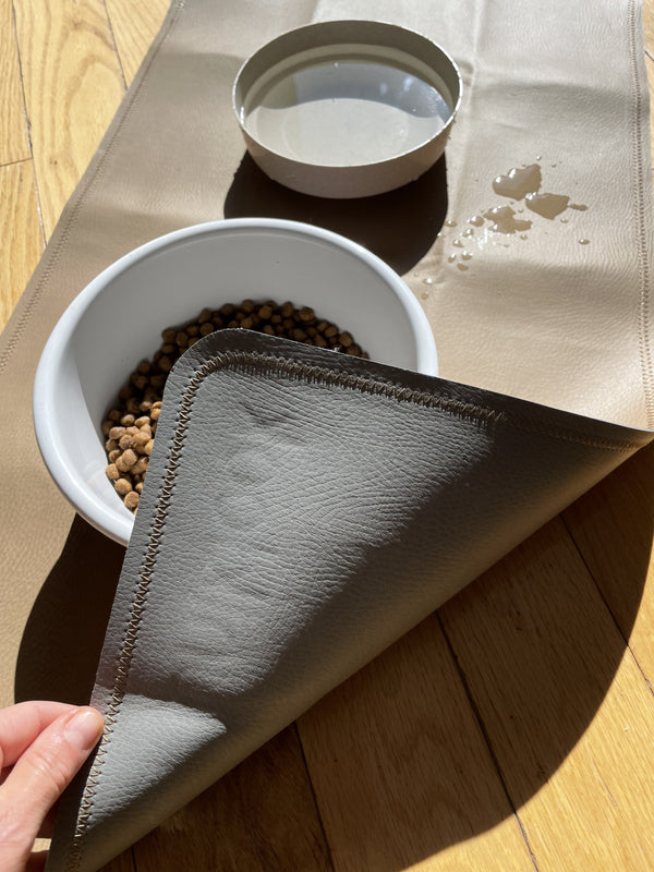 Vegan Leather Pet Food Mat — 30"x16" | Tan & Gray