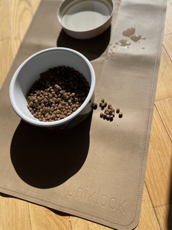 Vegan Leather Pet Food Mat — 30"x16" | Tan & Gray