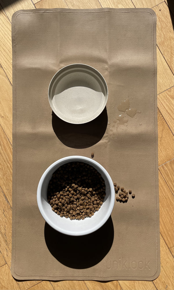 Vegan Leather Pet Food Mat — 30"x16" | Tan & Gray