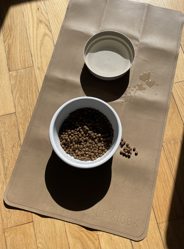 Vegan Leather Pet Food Mat — 30"x16" | Tan & Gray