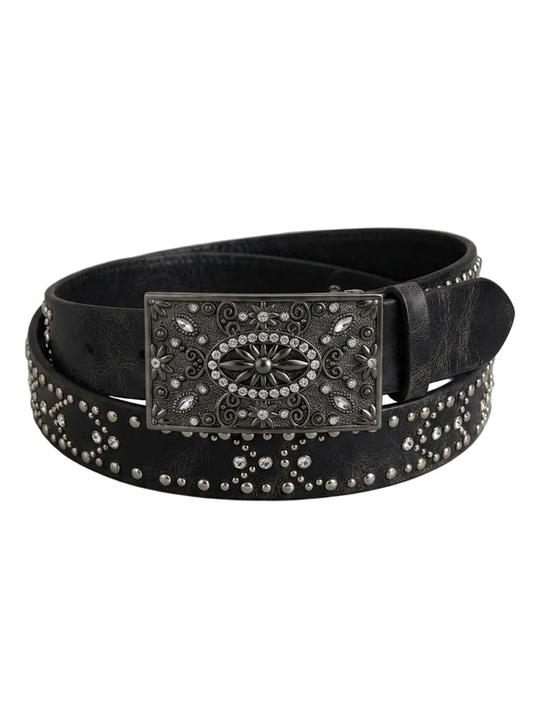 A black leather belt with a large ornate silver-tone buckle and silver studs, coiled on a neutral gray background.
