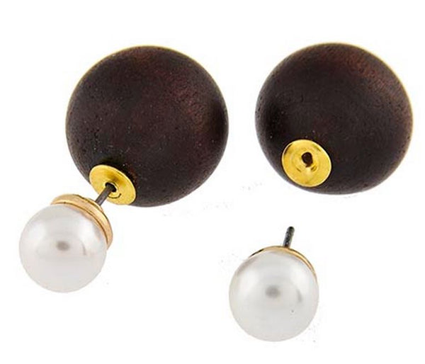 Pair of earrings with dark brown wooden beads and white pearls on a white background
