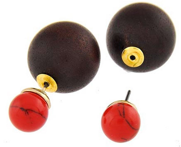 Wood & Red Ball Double-Sided Earrings