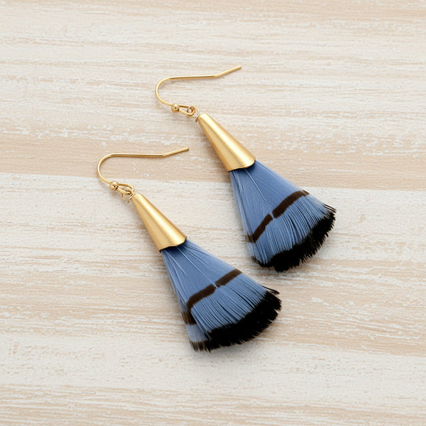 Blue + Black Feather Gold Statement Earrings