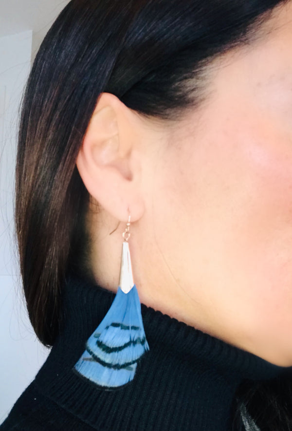 Blue + Black Feather Gold Statement Earrings