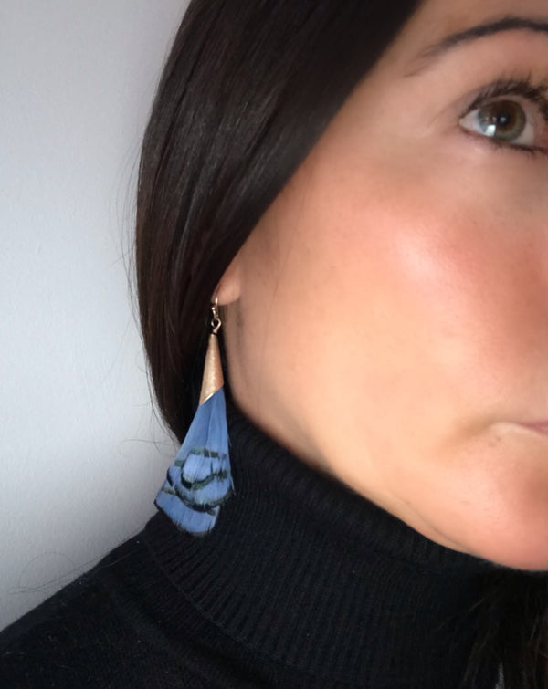 Blue + Black Feather Gold Statement Earrings